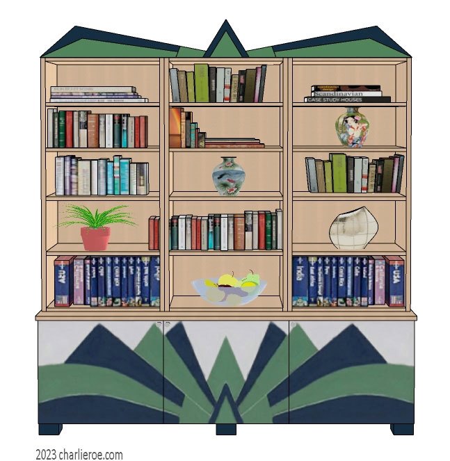 New Art Deco bookcase display unit with Cubist fan shaped painted door panels