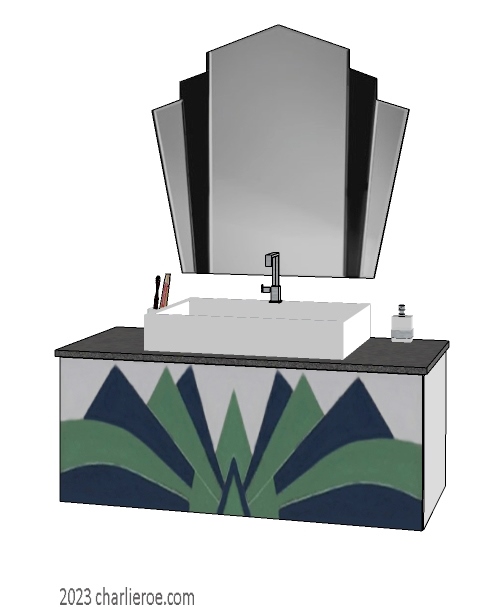 New Art Deco narrow wall hung bathroom vanity unit cabinet with Cubist fan shaped painted door panels