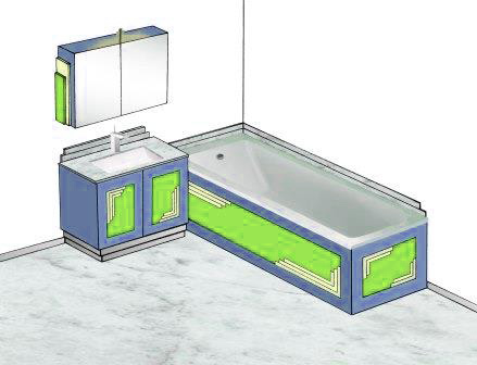 new Art Deco bathroom design with stepped mouldings speed lines on vanity unit & wall mirror unit & bath panels