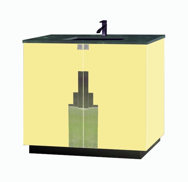 new Art Deco painted 2 door bathroom vanity unit with chrome Skyscraper design on doors