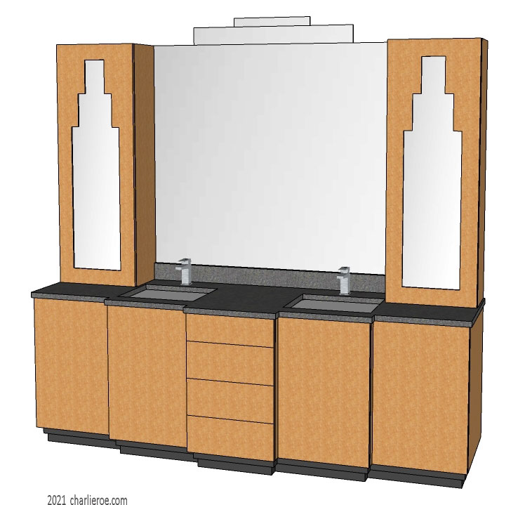new Art Deco bathroom 5 door Maple vanity unit & 2 tall units with Paul Frankl Skyscraper style door panels