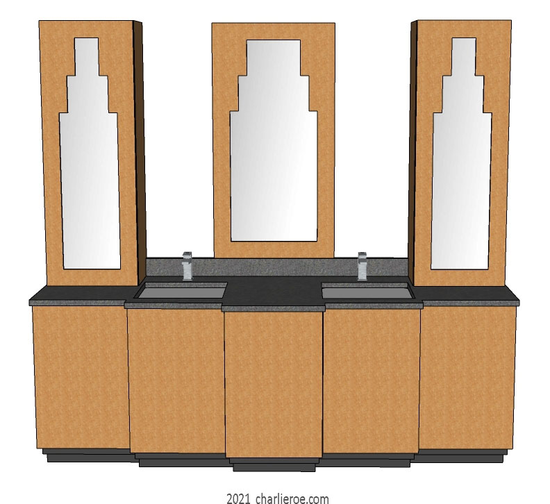 new Art Deco bathroom 5 door Maple vanity unit & 2 tall units with Paul Frankl Skyscraper style door panels