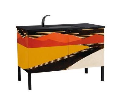 New Jean Dunand Art Deco 2 door vanity unit with painted abstract landscape designs with black undermounted sink,