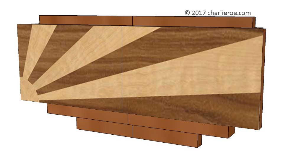 New Art Deco cupboard furniture stepped door handles with veneered marquetry classic 'Rising Sun' pattern