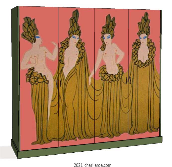 new Art Deco 4 door fitted bedroom wardrobes painted with Erte inspired decorative designs of women on a coloured background