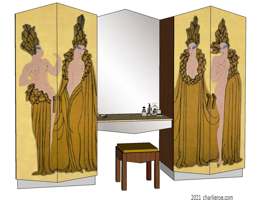 new Art Deco bedroom wardrobes with Cubist style doors & Erte inspired painted decorative designs and mirrored vanity unit