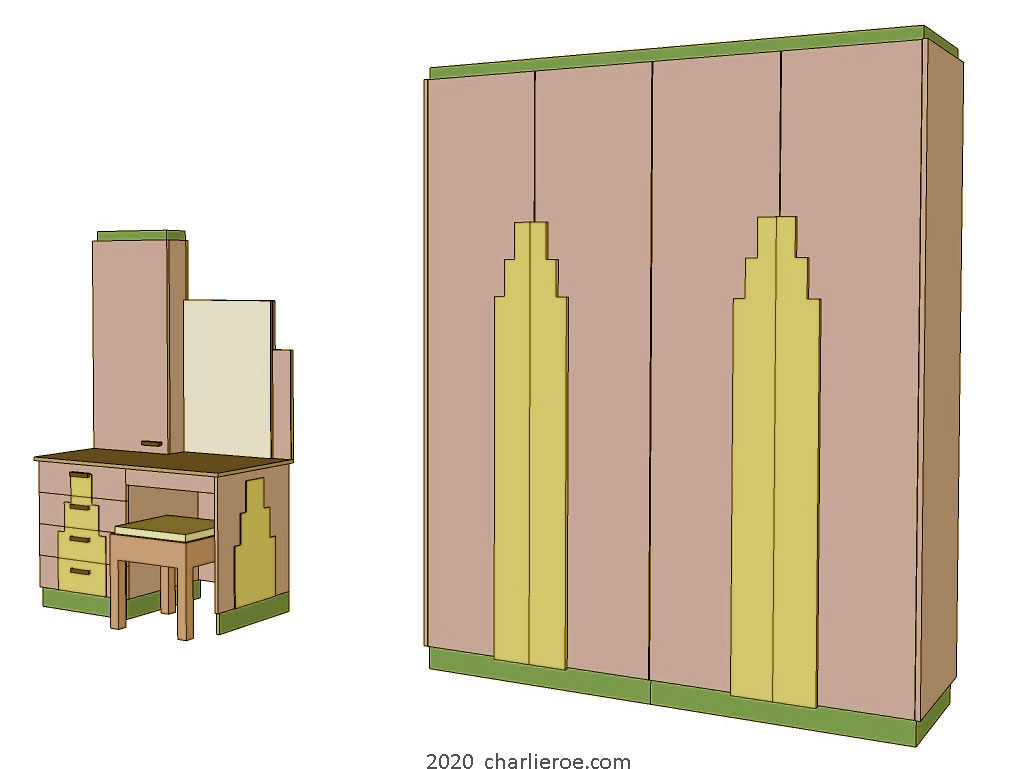 New Art Deco double 2 door wardrobe with Skyscraper style door handles & matching dressing table & stool