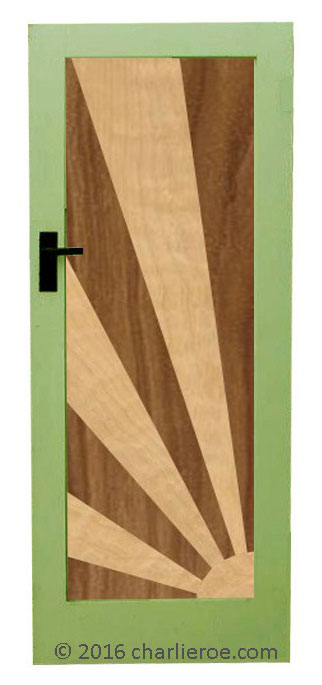 new Art Deco Moderne interior or front house door with Rising sun style marquetry veneered door panel