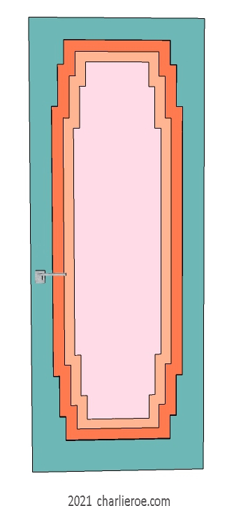 new bespoke Art Deco wood framed door with stepped top and bottom panel mouldings, lacquered painted door with stepped center panels
