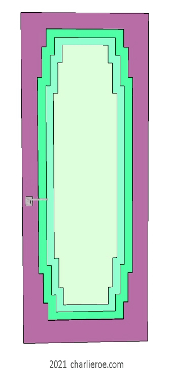new bespoke Art Deco wood framed door with stepped top and bottom panel mouldings, lacquered painted door with stepped center panels