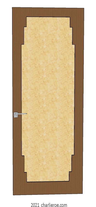 new bespoke Art Deco wood framed door with stepped top and bottom panel mouldings, walnut wood door with maple recessed center panel
