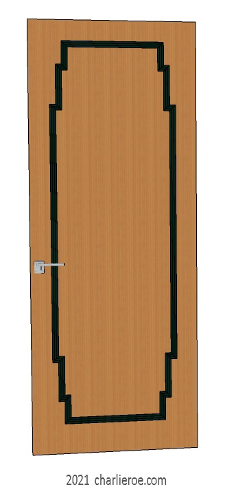 new bespoke Art Deco wood framed door with stepped top and bottom panel mouldings, wood door with recessed panel and contrasting flat panel moulding