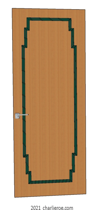 new bespoke Art Deco wood framed door with stepped top and bottom panel mouldings, wood door with recessed panel and contrasting stepped panel moulding