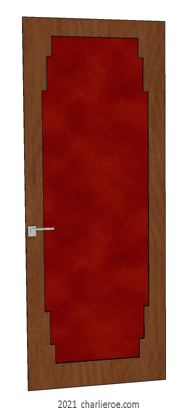 new bespoke Art Deco wood framed door with stepped top and bottom panel mouldings, dark stained wood frame and red imitation crocodile skin door panel