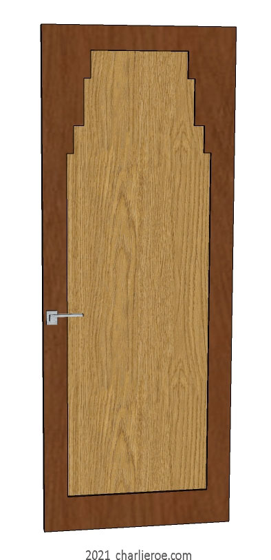new bespoke Art Deco wood framed door with stepped top and bottom panel mouldings, dark stained oak frame and light oak recessed panel