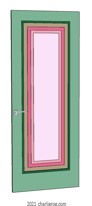new bespoke Art Deco wood framed door with stepped panels, lacquered / painted in typical Deco candy colours