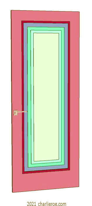 new bespoke Art Deco wood framed door with stepped panels, lacquered / painted in typical Deco candy colours