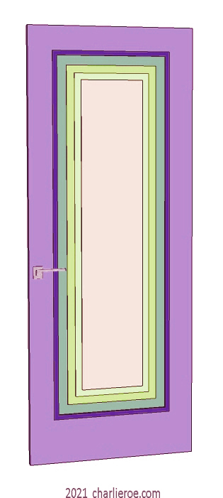 new bespoke Art Deco wood framed door with stepped panels, lacquered / painted in typical Deco candy colours