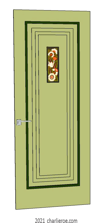 new bespoke Art Deco wood framed door with stepped panels, green lacquered / painted and a hand painted floral panel