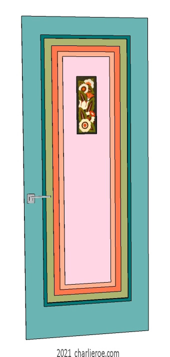 new bespoke Art Deco wood framed door with stepped panels in several Deco candy colours and a hand painted floral panel