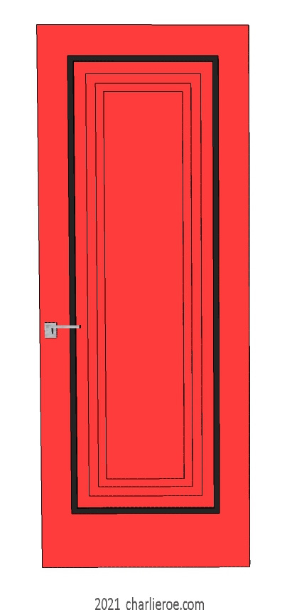 new bespoke Art Deco wood framed door with stepped panels, red lacquered / painted