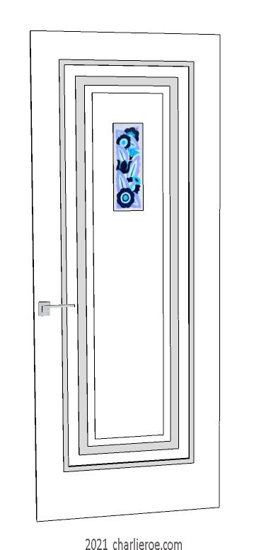 new bespoke Art Deco wood framed door with stepped panels, white lacquered / painted and a hand painted floral panel