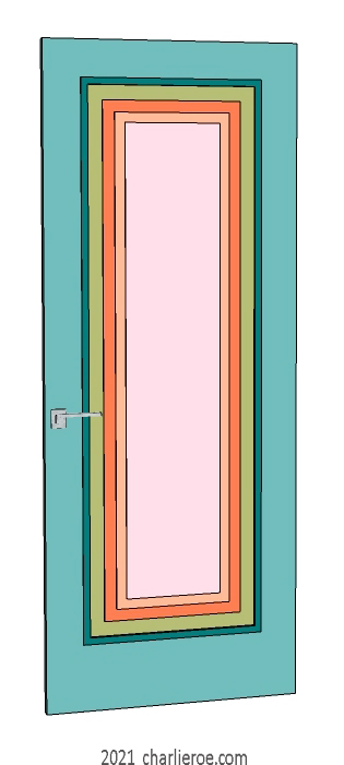 new bespoke Art Deco wood framed door with stepped panels, lacquered / painted in typical Deco candy colours