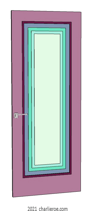 new bespoke Art Deco wood framed door with stepped panels, lacquered / painted in typical Deco candy colours