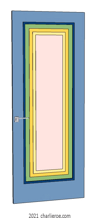 new bespoke Art Deco wood framed door with stepped panels, lacquered / painted in typical Deco candy colours