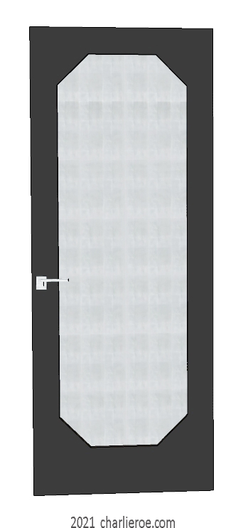 new bespoke Art Deco wood framed door with stepped panels in a black lacquered painted frame with a silver leaf door panel