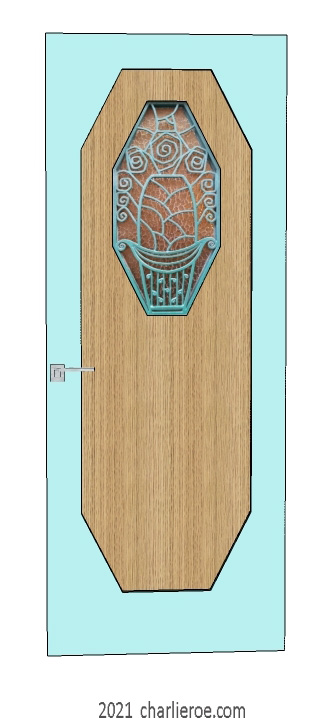 new bespoke Art Deco wood framed door with an octagonal panel with a lacquered painted frame and light oak panel and ornate octagonal panel