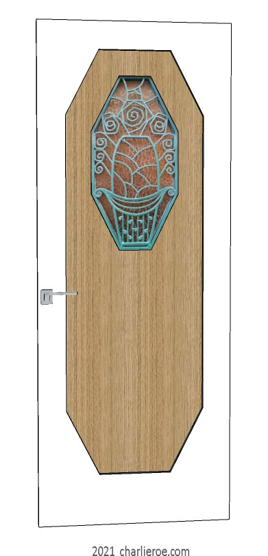 new bespoke Art Deco wood framed door with an octagonal panel with a lacquered painted frame and light oak panel and ornate octagonal panel