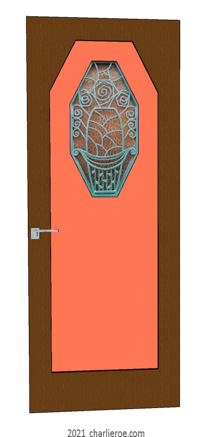 new bespoke Art Deco wood framed door with an octagonal panel with a dark wood frame and lacquered painted panel and ornate octagonal panel