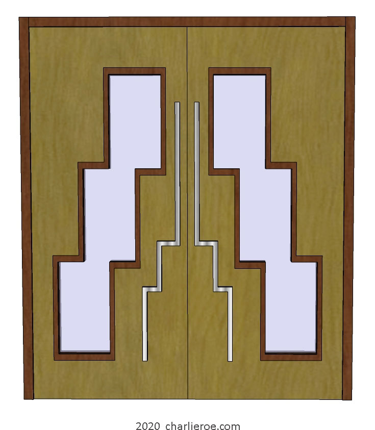 new Art Deco Moderne Skyscraper style pair of doors with stepped glass panel