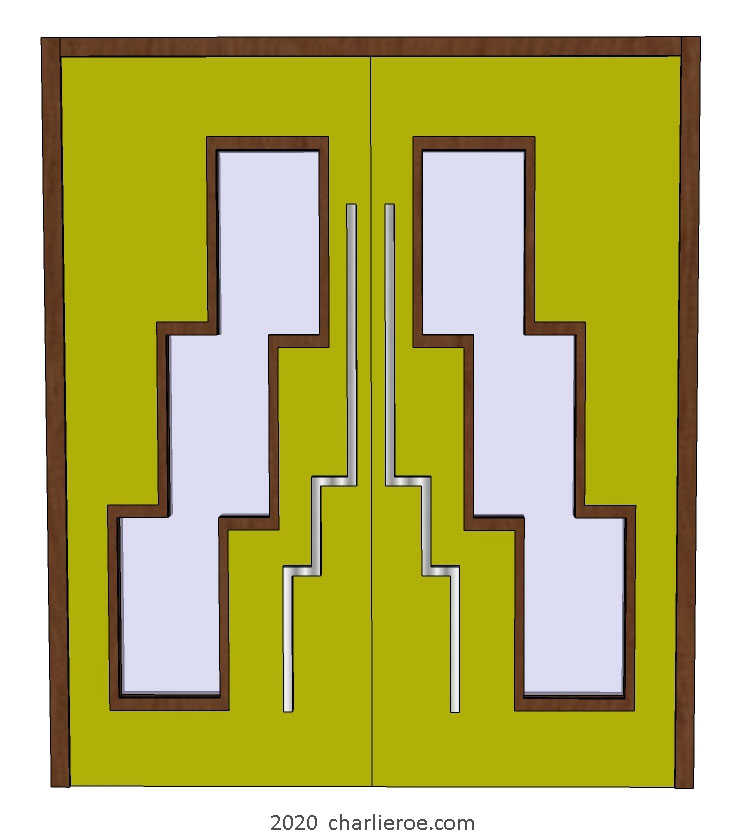 new Art Deco Moderne Skyscraper style pair of doors with stepped glass panel