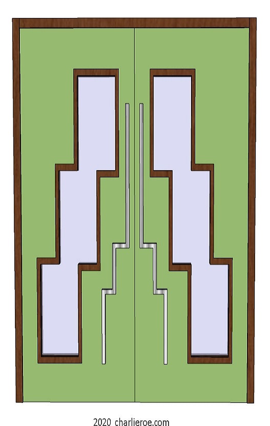 new Art Deco Moderne Skyscraper style pair of doors with stepped glass panel & stepped Skyscraper style handles