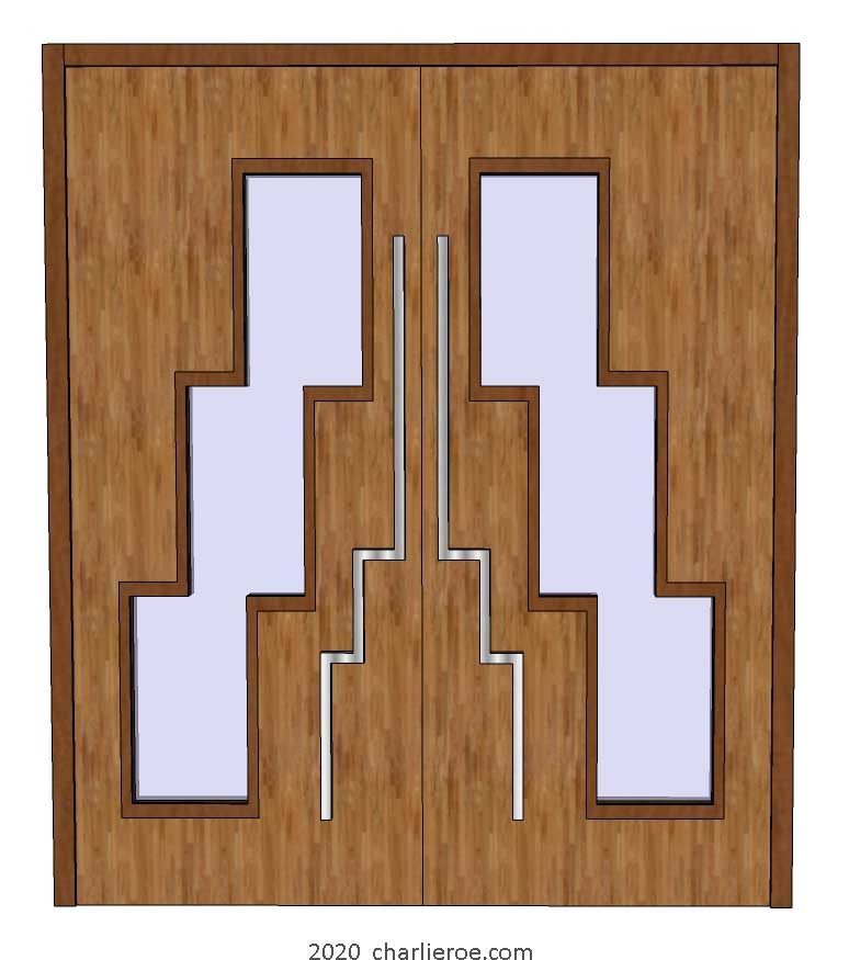 new Art Deco Moderne Skyscraper style pair of doors with stepped glass panel and Skyscraper style stepped handles
