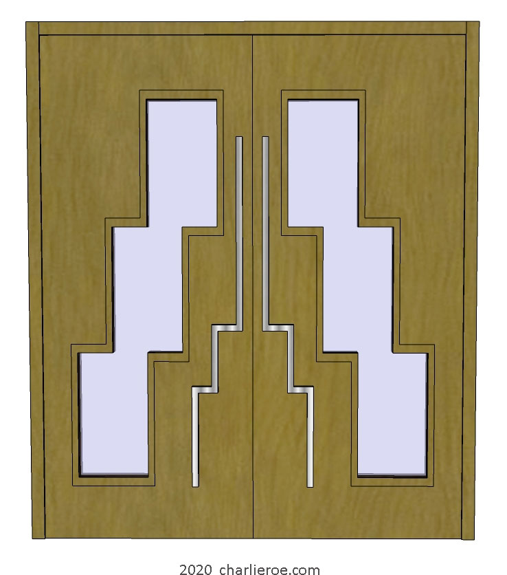 new Art Deco Moderne Skyscraper style pair of doors with stepped glass panel