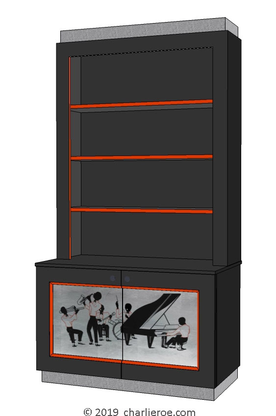 New Art Deco Moderne double 2 door bookcase with jazz band silhouettes design on silver door panels