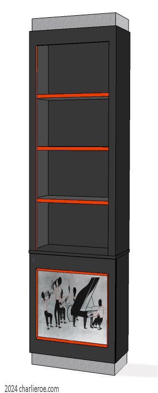 New Art Deco Moderne single bay 1 door bookcase with jazz band silhouettes design on silver door panels