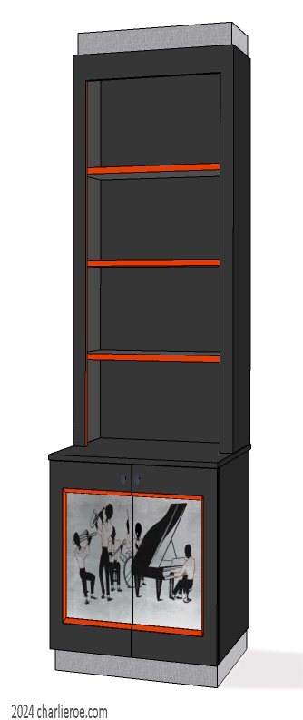 New Art Deco Moderne single bay 1 door bookcase with jazz band silhouettes design on silver door panels