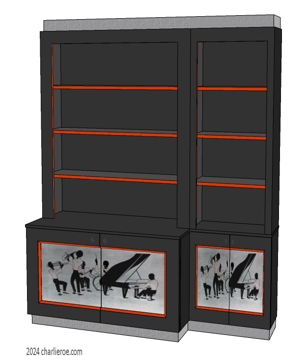 New Art Deco Moderne single 3 bay 3 door asymetrical bookcase with breakfront section, with jazz band silhouettes designs on silver door panels