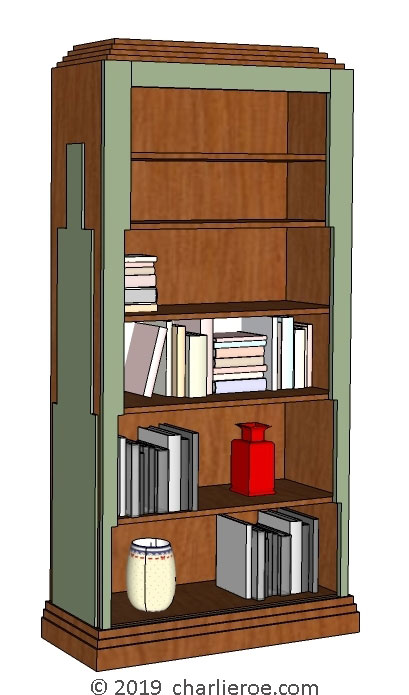 new Art Deco dark wood and painted bookcase with Skyscraper silhouette side design