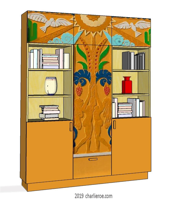 new Art Deco style 3 section painted lacquered bookcase storage cabinet cupboard with decorative painted panels