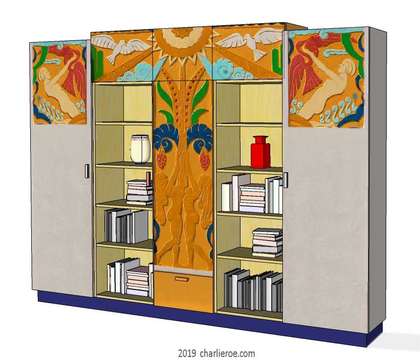 new Art Deco style 5 section painted lacquered bookcase storage cabinet cupboard with decorative painted panels