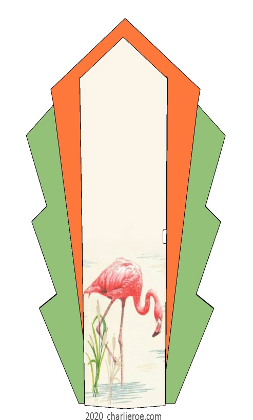 new Art Deco style painted lacquered wall hung 1 door bookcase storage cabinet cupboard with decorative pink Flamingo door design in Miami Deco colours