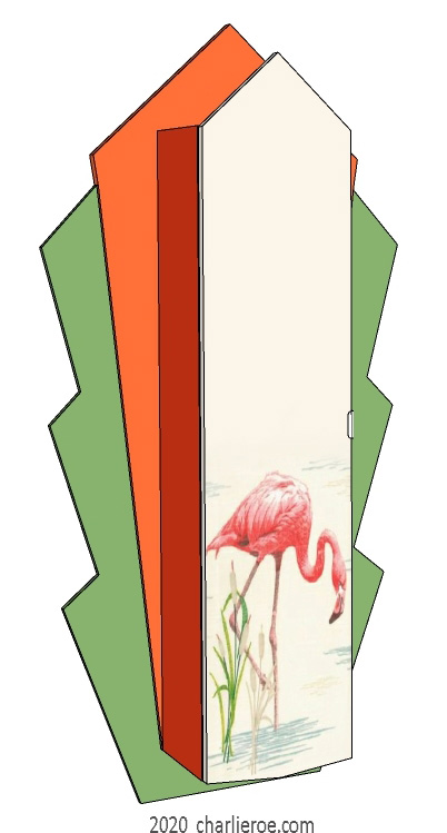 new Art Deco style painted lacquered wall hung 1 door bookcase storage cabinet cupboard with decorative pink Flamingo door design in Miami Deco colours