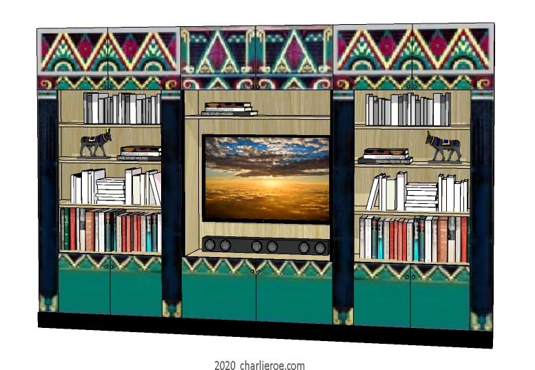 new Art Deco style painted lacquered bookcases storage cabinet cupboard media center unit with decorative Cubist painted panels