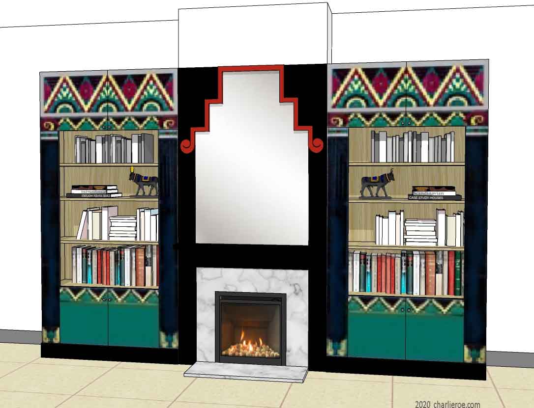 new Art Deco style painted lacquered chimney alcoves / recesses bookcases storage cabinets cupboards libraries with matching fire surround and over mirror & decorative Cubist painted panels