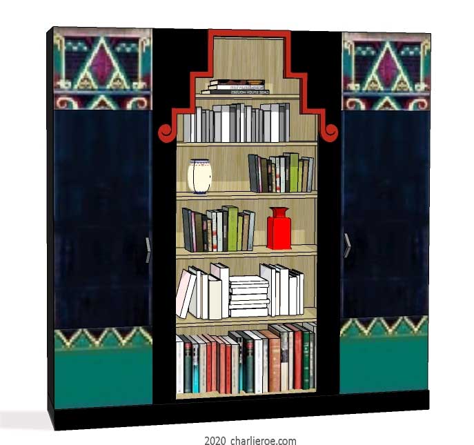 new Art Deco style painted lacquered bookcase storage cabinet cupboard with decorative Cubist painted panels